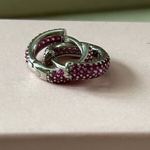 Elegant Silver and Pink huggie Hoop CZ‎ Earrings